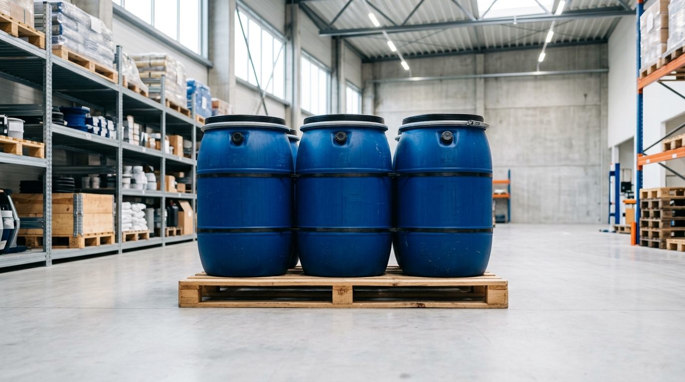 Blue 55-gallon water storage drums stored on a wooden pallet in a clean warehouse
