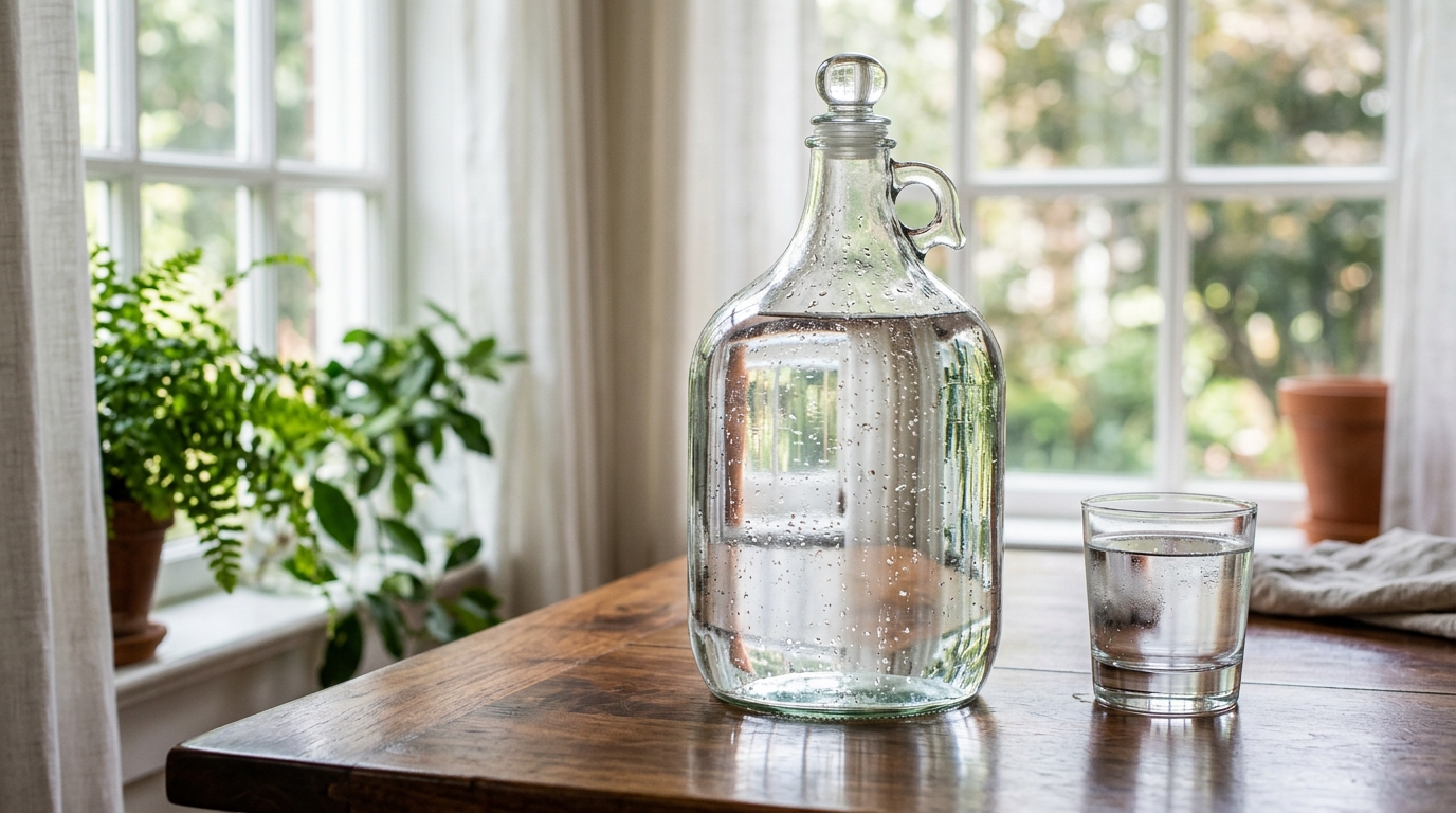 One gallon glass water jug on a wooden table with soft sunlight