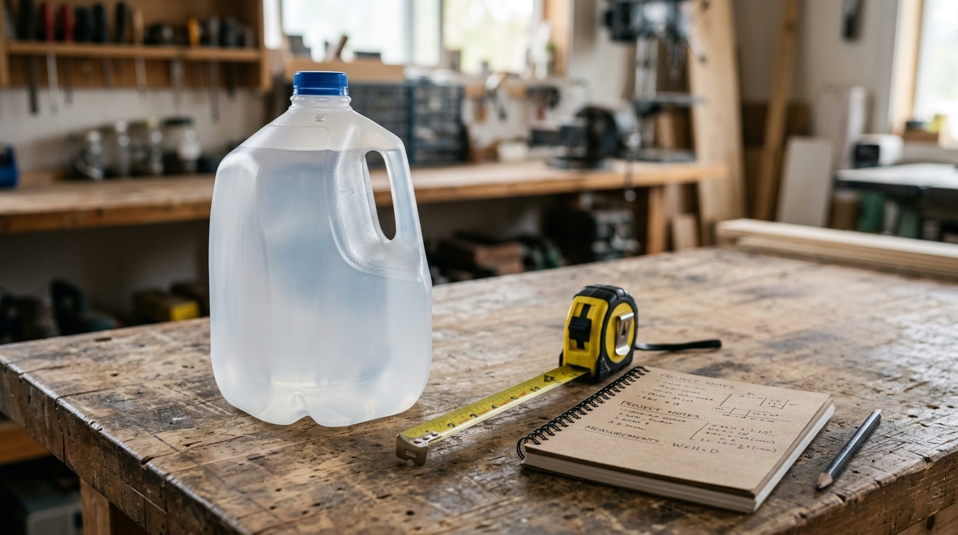 One gallon clear plastic water jug beside measurement tools on a workbench