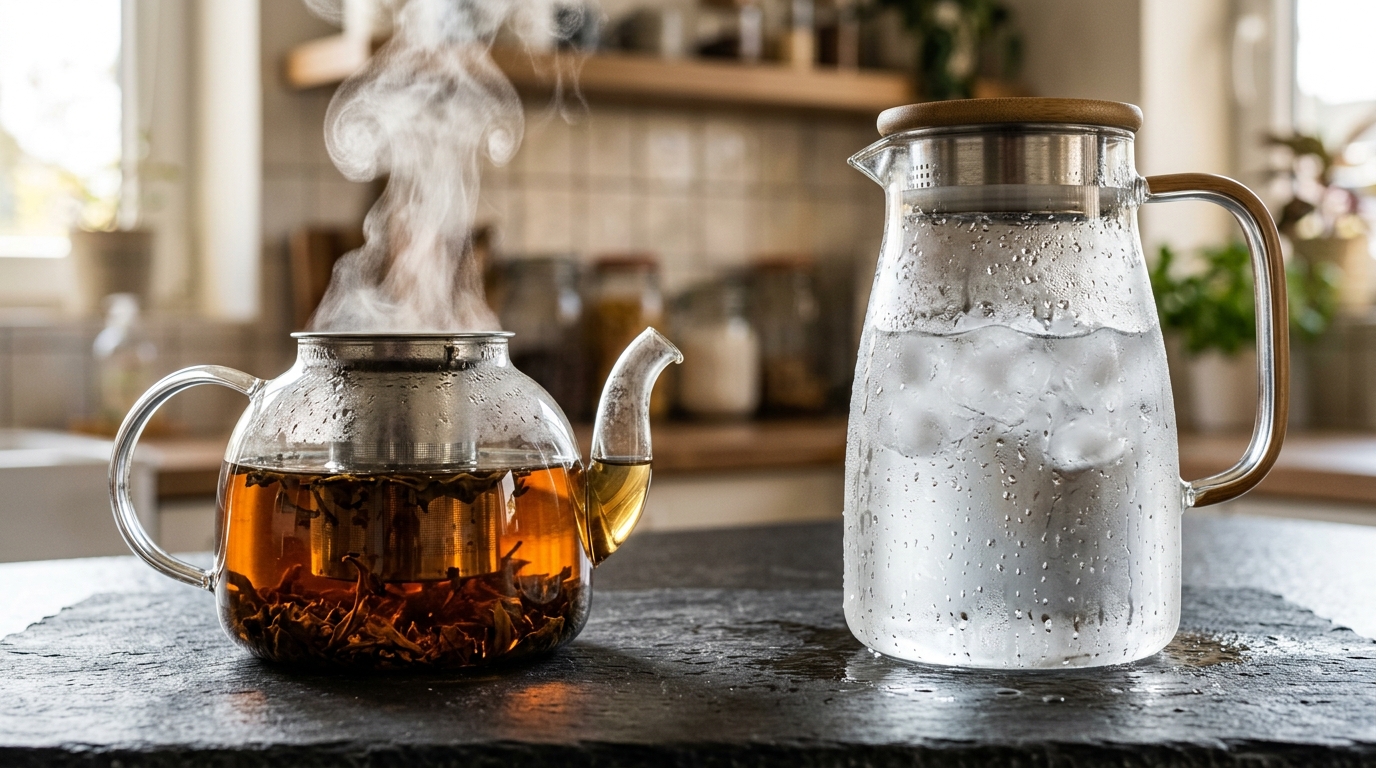 Steaming hot water teapot beside an ice-cold condensation pitcher