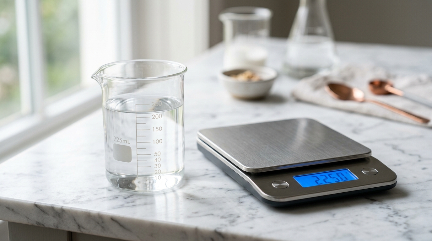 Glass measuring beaker with water beside a precision digital kitchen scale