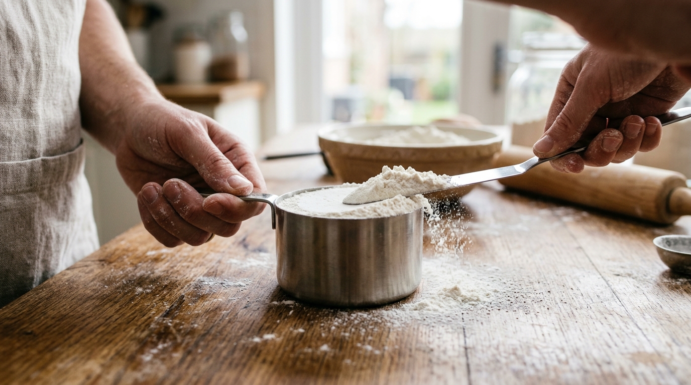 Baker leveling flour in a stainless measuring cup showing dry ingredient aeration