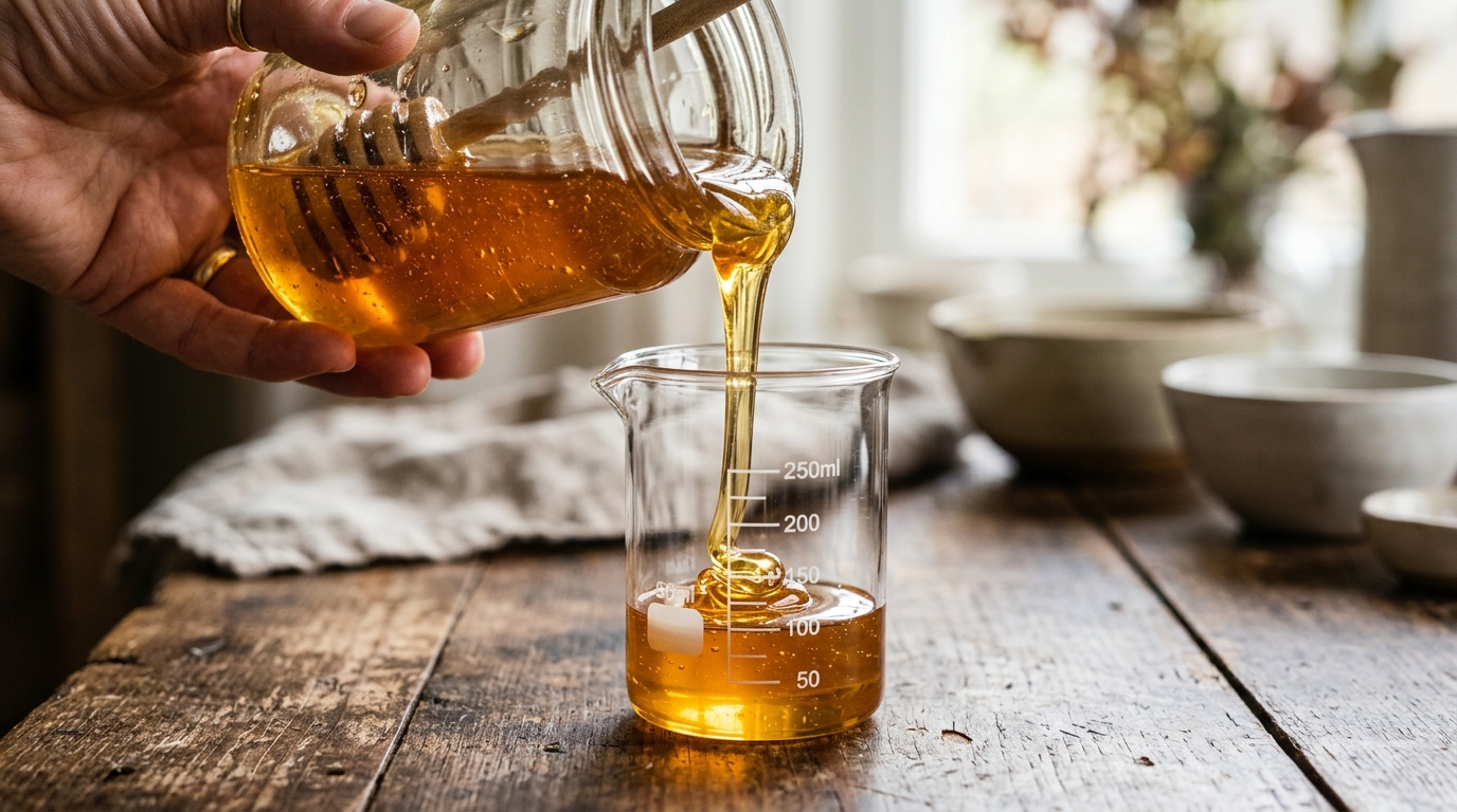 Rich honey pouring into glass beaker illustrating high specific gravity and density