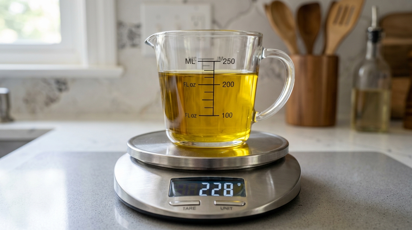 Measuring cup of golden cooking oil weighed on a precision digital kitchen balance