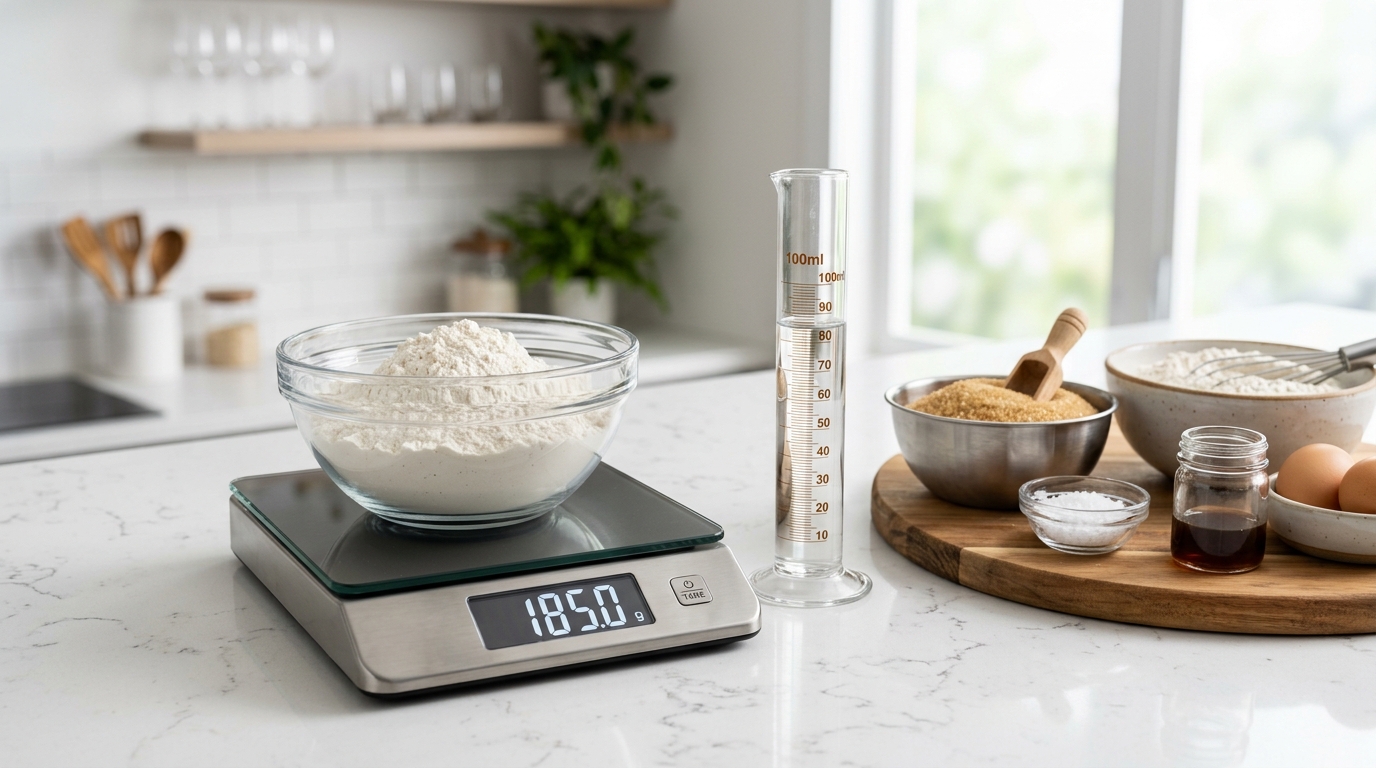 Digital kitchen food scale displaying weight with measuring cylinder of liquid