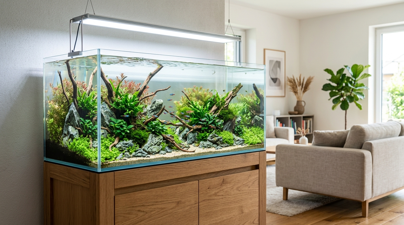 Modern aquascaped glass aquarium on wooden cabinet stand