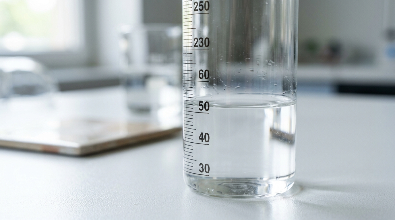 Graduated glass cylinder showing meniscus line of water in laboratory