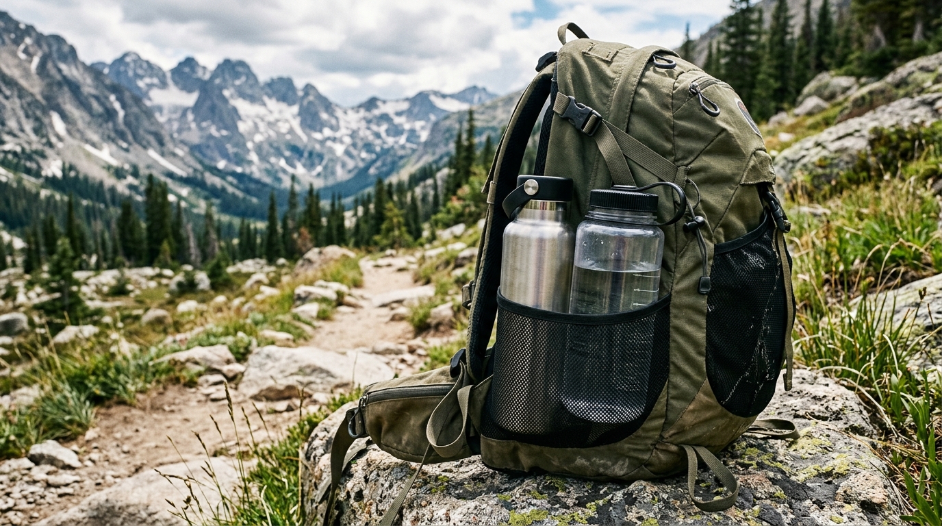 Reusable water bottles packed in hiking backpack against mountain trail