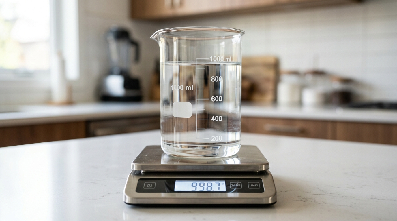 Volumetric glass beaker of water on a digital scale in laboratory kitchen
